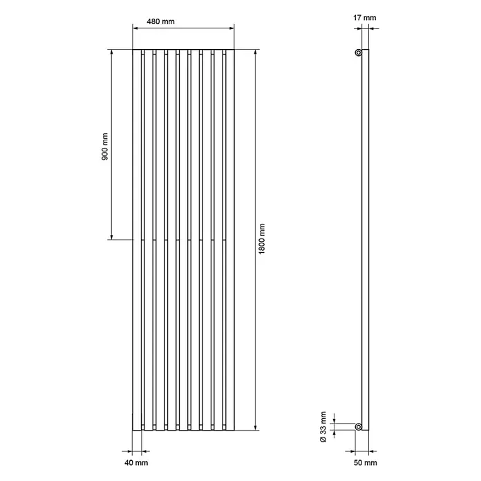 LuxeBath Badheizkörper Badheizkörper einlagig 480x1800 mm Mittelanschluss Weiß 900 W - Weiß - Technische Zeichnung eines vertikalen Plattenheizkörpers, 1800 mm hoch, 480 mm breit und 50 mm tief.