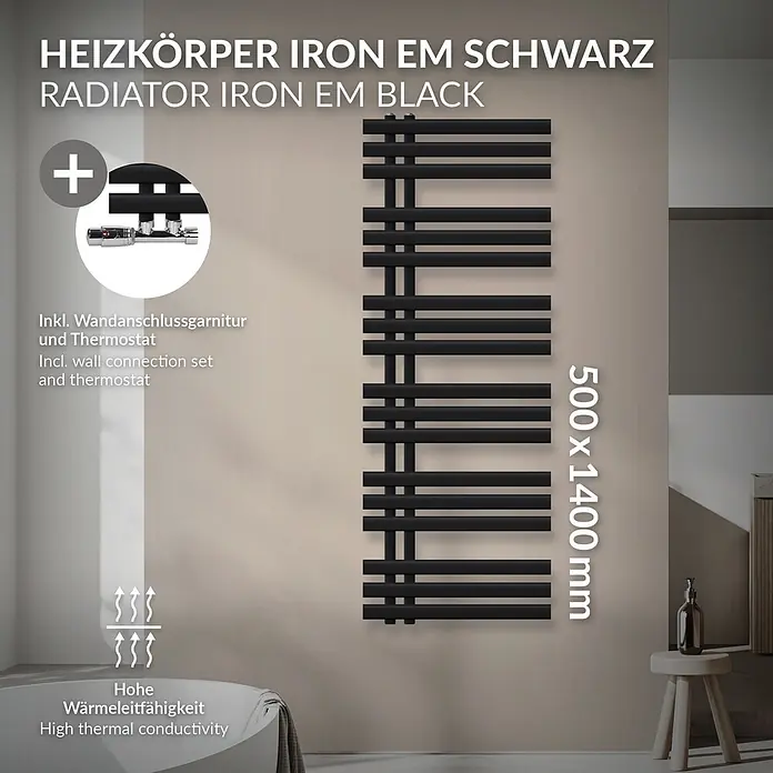 Badheizkörper 500x1400mm Schwarz Seitenanschluss mit Ventil Eckform -  - Schwarzer Heizkörper Iron EM, 500x1400 mm, mit Wandanschlussgarnitur und Thermostat, in modernem Bad.