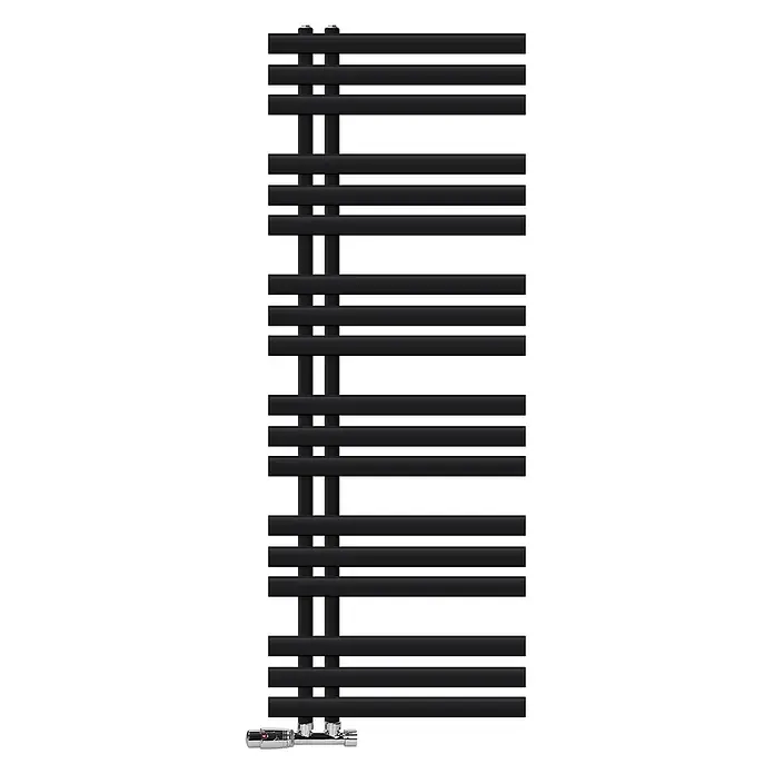 Badheizkörper 500x1400mm Schwarz Seitenanschluss mit Ventil Eckform -  - Schwarzer Flachrohr-Handtuchheizkörper mit zwei vertikalen Sammlern und horizontalen Heizstäben, mit verchromten Thermostatventilen.