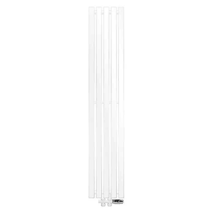 LuxeBath Badheizkörper Paneelheizkörper Handtuchwärmer mit Durchgangsform Thermostatventil - B x H: 26 x 140 mm, Weiß - Weißer vertikaler Heizkörper mit flachen Paneelen und unten angebrachten Ventilen.