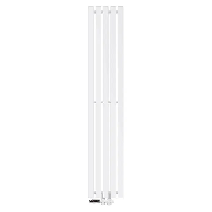 LuxeBath Badheizkörper Paneelheizkörper Handtuchwärmer mit Durchgangsform Thermostatventil - B x H: 26 x 140 mm, Weiß - Weißer vertikaler Heizkörper mit fünf flachen Paneelen und einem verchromten Thermostatventil unten für effizientes Heizen.