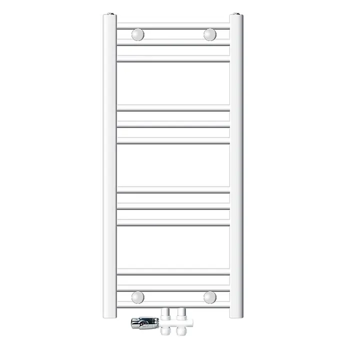 LuxeBath Badheizkörper Handtuchwärmer Mittelanschluss gerade mit Boden Thermostatventil - B x H: 40 x 80 mm, Weiß - Weißer Handtuchheizkörper im Leiterdesign mit Chromventil unten.