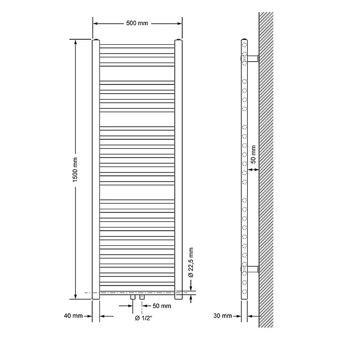 LuxeBath Badheizkörper Design Handtuchheizkörper Handtuchwärmer Mittelanschluss gerade 570 W - B x H: 50 x 150 mm, Anthrazit - Technische Zeichnung eines 1500x500mm Badheizkörpers mit Ø22,5mm Stäben und 1/2" Anschlüssen.