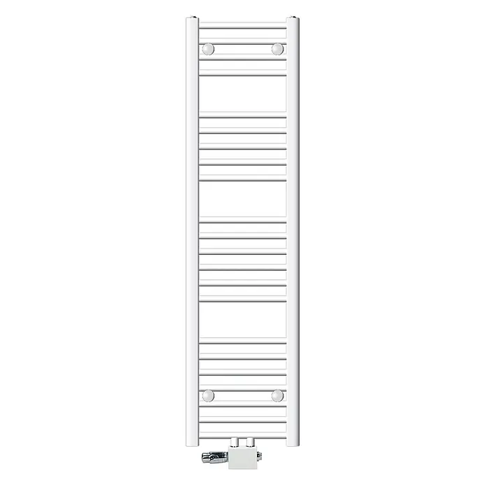 LuxeBath Badheizkörper Handtuchwärmer Mittelanschluss gerade mit Universal Thermostatventil - B x H: 30 x 140 mm, Weiß - Weißer Röhren-Handtuchheizkörper mit horizontalen Stangen und unteren Ventilanschlüssen.