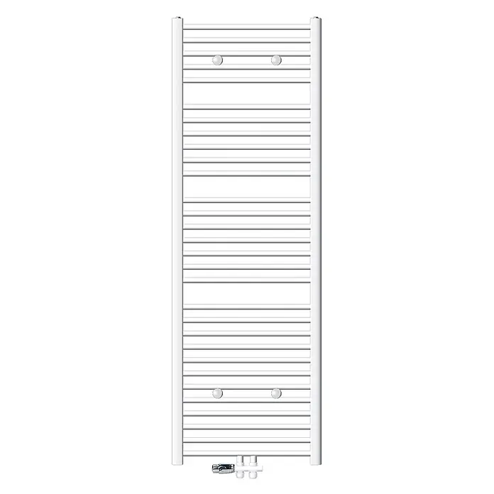LuxeBath Badheizkörper Handtuchwärmer Mittelanschluss gerade mit Boden Thermostatventil - B x H: 60 x 180 mm, Weiß - Weißer Handtuchheizkörper mit horizontalen Stangen, vertikalen Rohren, Halterungen und unterem Ventilanschluss.