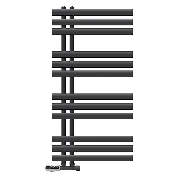 LuxeBath Badheizkörper Design Handtuchheizkörper Handtuchwärmer mit Eckform Thermostatventil - B x H: 50 x 100 mm, Anthrazit - Dunkelgrauer Badheizkörper mit horizontalen Stangen und vertikalen Sammelrohren, mit Regelventil unten.