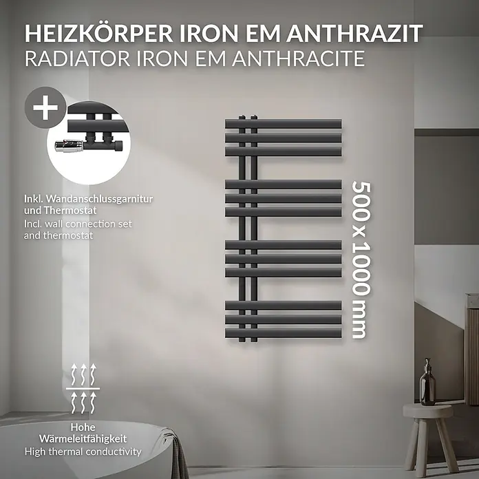 LuxeBath Badheizkörper Design Handtuchheizkörper Handtuchwärmer mit Eckform Thermostatventil - B x H: 50 x 100 mm, Anthrazit - Anthrazitfarbener Eisenheizkörper (500x1000mm) für Bäder, inkl. Wandanschlussgarnitur und Thermostat.