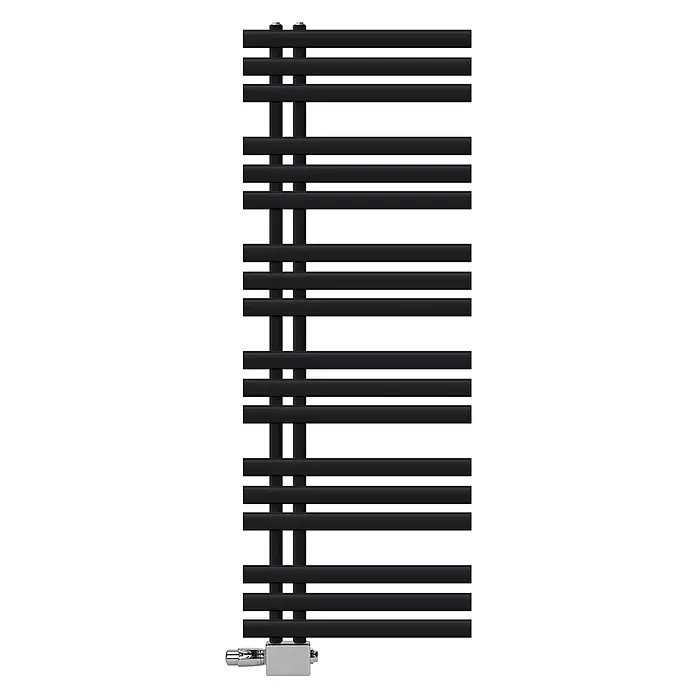 Badheizkörper 500x1400mm Schwarz Seitenanschluss mit Ventil Universal -  - Schwarzer Handtuchheizkörper mit mehreren horizontalen Stangen und einem Chromventil unten.