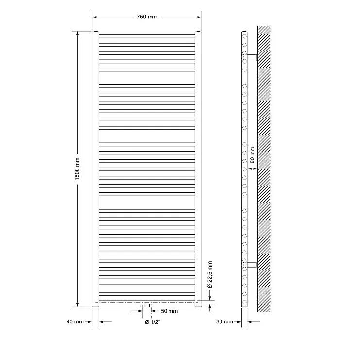 LuxeBath Badheizkörper Design Handtuchheizkörper Handtuchwärmer Mittelanschluss gerade 950 W - Weiß - Technische Zeichnung eines Badheizkörpers, detailliert mit Maßen wie 1800mm Höhe und 750mm Breite.
