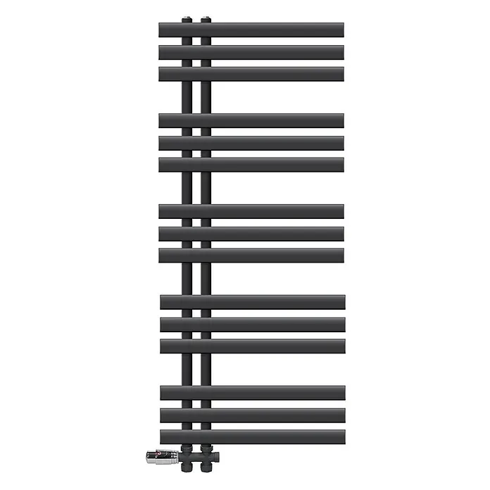 LuxeBath Badheizkörper Handtuchheizkörper Handtuchwärmer mit Durchgangsform Thermostatventil - B x H: 50 x 120 mm, Anthrazit - Moderner, dunkelgrauer Handtuchheizkörper mit Querstreben und vertikalen Sammlern, inklusive Bodenventil.