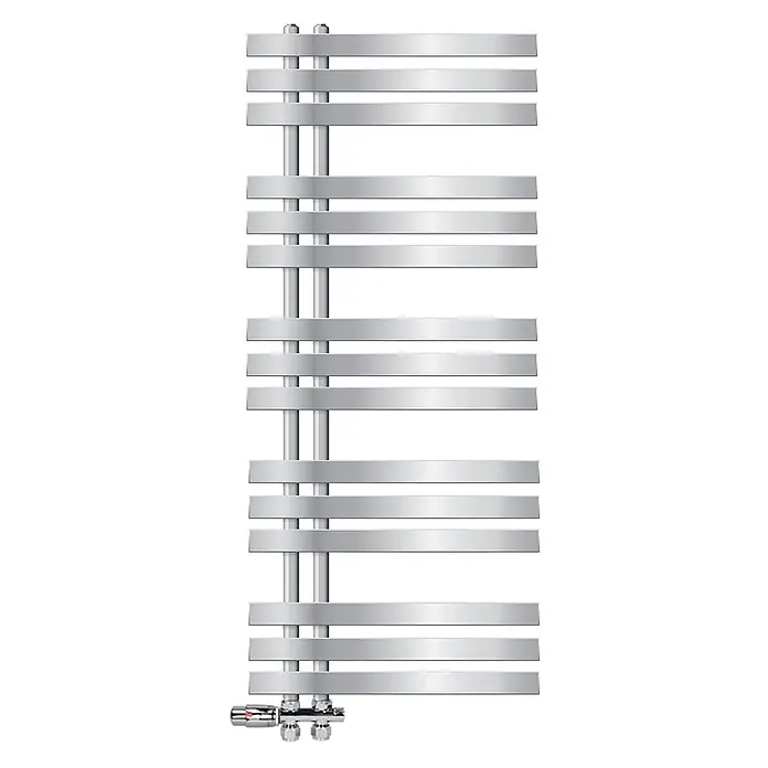 LuxeBath Badheizkörper Handtuchheizkörper Handtuchwärmer mit Durchgangsform Thermostatventil - B x H: 50 x 120 mm, Chrom - Silberner Handtuchheizkörper mit flachen Horizontalstangen und zwei vertikalen Rohren, unten mit Regelventil.