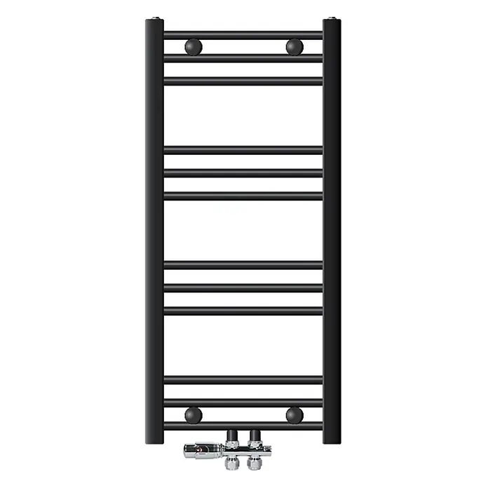 Badheizkörper 400x800mm Anthrazit gerade Mittel mit Ventil Durchgang -  - Schwarzer Leiter-Handtuchheizkörper mit Querstreben und verchromtem Thermostatventil.