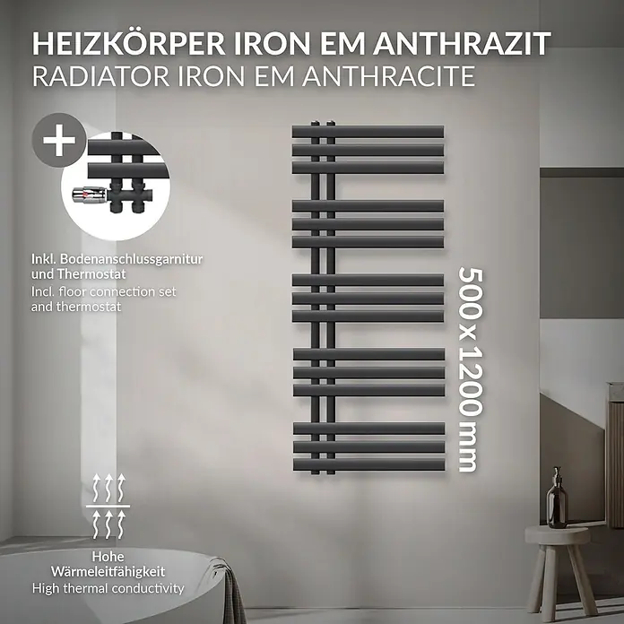 LuxeBath Badheizkörper Handtuchheizkörper Handtuchwärmer mit Durchgangsform Thermostatventil - B x H: 50 x 120 mm, Anthrazit - Anthrazit Heizkörper 'Iron EM' (500x1200 mm) mit Bodenanschlussgarnitur und Thermostat, in modernem Bad.