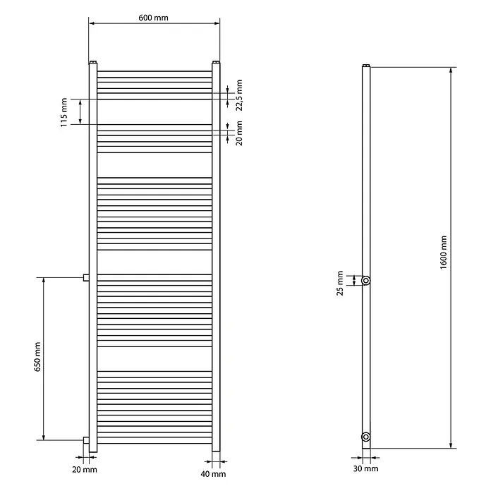 LuxeBath Badheizkörper Sahara Renovierungsheizkörper Austausch Design Handtuchtrockner Weiß - B x H: 60 x 160 mm, Weiß - Technische Zeichnung eines Handtuchheizkörpers mit Vorder- und Seitenansicht, zeigt Maße: 1600mm Höhe, 600mm Breite.