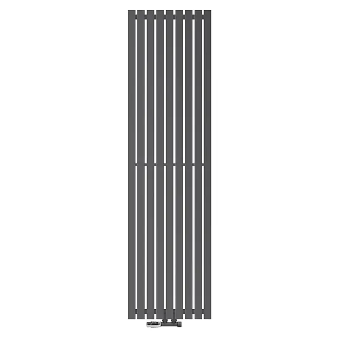 LuxeBath Badheizkörper Vertikal Paneelheizkörper Handtuchwärmer mit Eckform Thermostatventil - B x H: 48 x 180 mm, Anthrazit - Dunkelgrauer vertikaler Flachheizkörper mit einem verchromten Thermostatventil unten.
