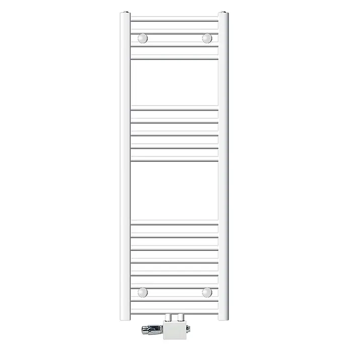 LuxeBath Badheizkörper Handtuchwärmer Mittelanschluss gebogen mit Universal Thermostatventil - Weiß - Weißer Handtuchheizkörper mit Chrom-Thermostat und weißem Ventilblock.
