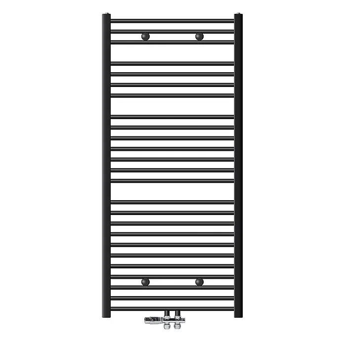 LuxeBath Badheizkörper Handtuchwärmer Mittelanschluss gebogen mit Boden Thermostatventil - B x H: 75 x 150 mm, Anthrazit - Schwarzer Handtuchheizkörper im Leiterdesign mit Querstreben und Bodenventilen.
