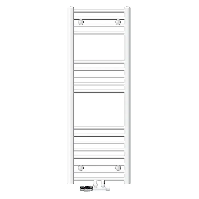 LuxeBath Badheizkörper Handtuchwärmer Mittelanschluss gerade mit Eckform Thermostatventil - B x H: 40 x 120 cm, Weiß - Weißer Leiter-Handtuchheizkörper mit horizontalen Stangen und vertikalen Steigrohren, inklusive verchromtem Thermostatventil zur Temperaturregelung.