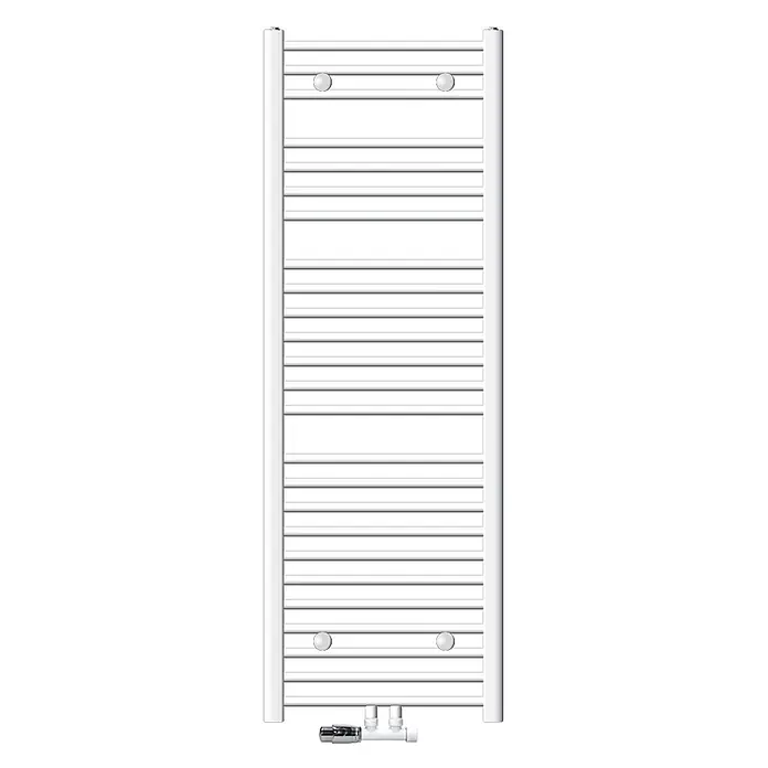 LuxeBath Badheizkörper Handtuchwärmer Mittelanschluss gerade mit Eckform Thermostatventil - B x H: 50 x 150 cm, Weiß - Weißer Handtuchheizkörper mit horizontalen Stangen und integriertem Ventilset.