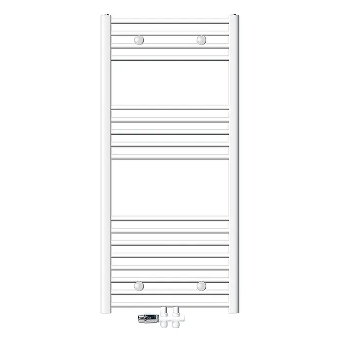 LuxeBath Badheizkörper Handtuchwärmer Mittelanschluss gebogen mit Boden Thermostatventil - B x H: 60 x 120 mm, Weiß - Weißer Handtuchheizkörper mit mehreren horizontalen Stangen und einem unteren Anschlussventil.