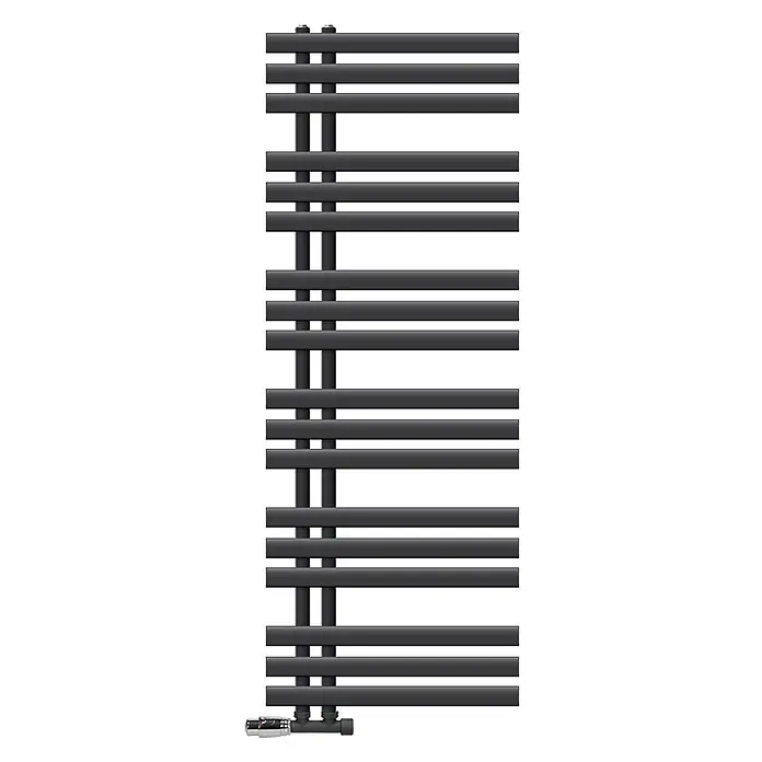 Badheizkörper 500x1400mm Anthrazit Seitenanschluss mit Ventil Eckform -  - Dunkelgrauer vertikaler Handtuchheizkörper aus Metall mit Querstreben und einem unten angebrachten Thermostatventil.