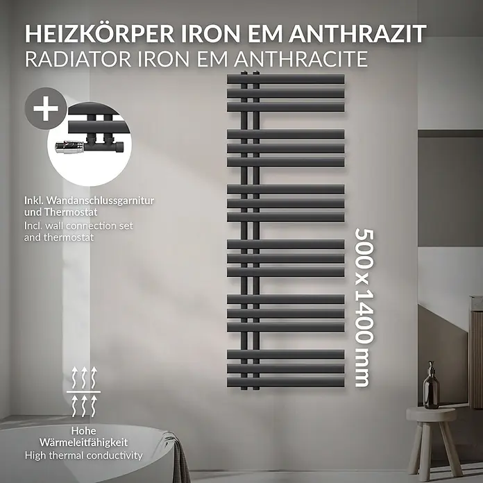 Badheizkörper 500x1400mm Anthrazit Seitenanschluss mit Ventil Eckform -  - Anthrazit IRON EM Design-Heizkörper mit Thermostat, montiert im modernen Bad.