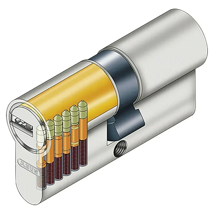Abus Profilzylinder D6X - Baulänge innen: 10 mm, Baulänge außen: 30 mm, Anzahl Schlüssel: 5 Stk. - Illustration eines ABUS-Schließzylinders, der die internen Mechanismen mit Stiften und Federn zeigt. Einblick in die Sicherheitstechnik.