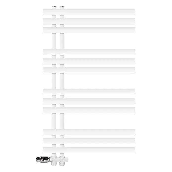 LuxeBath Badheizkörper Handtuchheizkörper Handtuchwärmer mit Durchgangsform Thermostatventil - B x H: 60 x 100 mm, Weiß - Weißer Flachrohr-Handtuchheizkörper mit horizontalen Stäben und Chromventil.