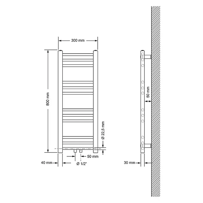 LuxeBath Badheizkörper Handtuchwärmer Mittelanschluss gerade mit Boden Thermostatventil - Weiß - Technisches Diagramm eines weißen, wandmontierten Handtuchheizkörpers, mit Vorder- und Seitenansicht und Maßen.