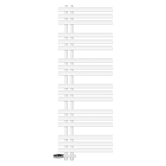 LuxeBath Badheizkörper Handtuchheizkörper Handtuchwärmer mit Durchgangsform Thermostatventil - B x H: 50 x 140 mm, Weiß - Weißer Handtuchheizkörper mit horizontalen Stangen und einem Chromventil.