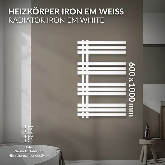 LuxeBath Badheizkörper Design Handtuchheizkörper Handtuchwärmer Mittelanschluss Radiator - B x H: 60 x 100 mm, Weiß - Weißer Handtuchheizkörper (600x1000 mm) mit hoher Wärmeleitfähigkeit, an einer Badezimmerwand montiert.