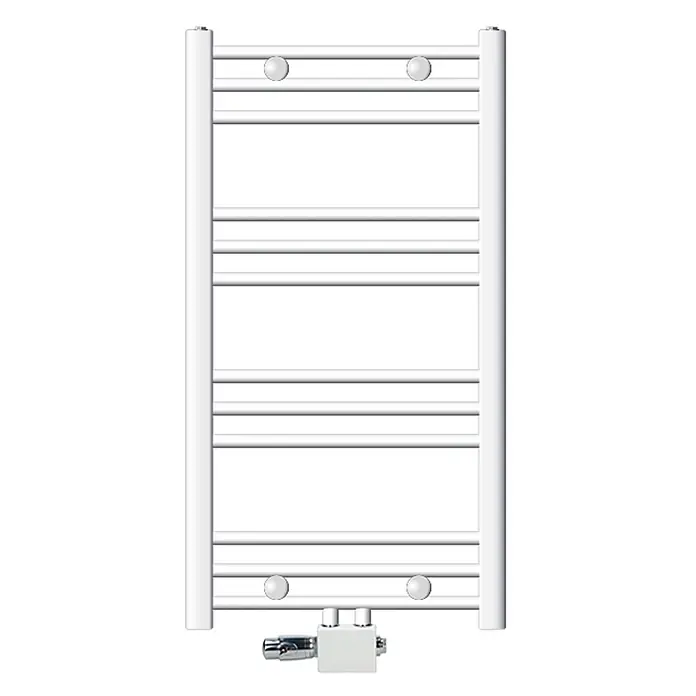 LuxeBath Badheizkörper Handtuchwärmer Mittelanschluss gerade mit Universal Thermostatventil - B x H: 50 x 80 mm, Weiß - Weißer Handtuchwärmer mit Querstreben und unten montierten Chromventilen.
