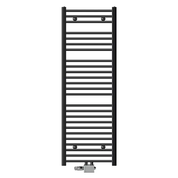 LuxeBath Badheizkörper Handtuchwärmer Mittelanschluss gerade mit Universal Thermostatventil - B x H: 50 x 150 mm, Anthrazit - Schwarzer Leiterhandtuchheizkörper mit Chromventil unten und schwarzen Wandhalterungen.