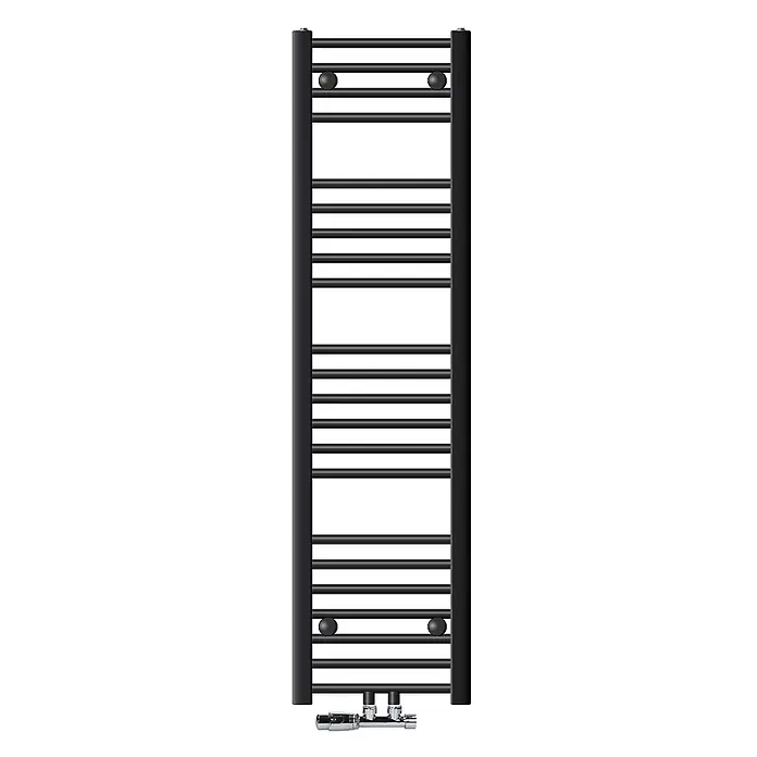 LuxeBath Badheizkörper Handtuchwärmer Mittelanschluss gerade mit Eckform Thermostatventil - B x H: 30 x 140 cm, Anthrazit - Schwarzer Metall-Handtuchheizkörper mit Chromventilen.