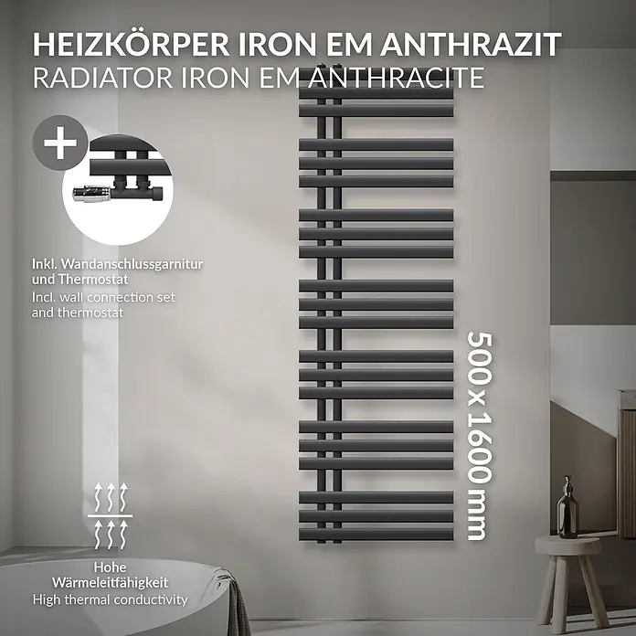 LuxeBath Badheizkörper Design Handtuchheizkörper Handtuchwärmer mit Eckform Thermostatventil - B x H: 50 x 160 mm, Anthrazit - Dunkelgrauer Heizkörper (500x1600mm) in Anthrazit mit Wandanschlussgarnitur und Thermostat, zeichnet sich durch hohe Wärmeleitfähigkeit aus.