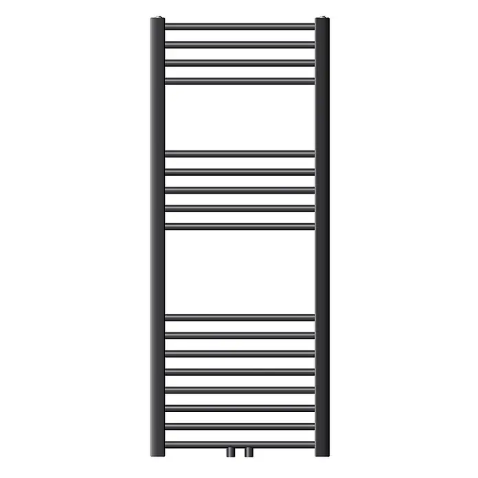 LuxeBath Badheizkörper Design Handtuchheizkörper Handtuchwärmer Mittelanschluss gerade 410 W - B x H: 50 x 120 mm, Anthrazit - Dunkelgrauer vertikaler Handtuchheizkörper mit vielen horizontalen Heizstangen.