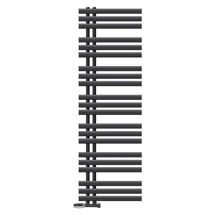 LuxeBath Badheizkörper Design Handtuchheizkörper Handtuchwärmer mit Eckform Thermostatventil - B x H: 50 x 160 mm, Anthrazit - Dunkelgrauer Handtuchheizkörper mit horizontalen Heizstäben und einem unteren Regelventil.