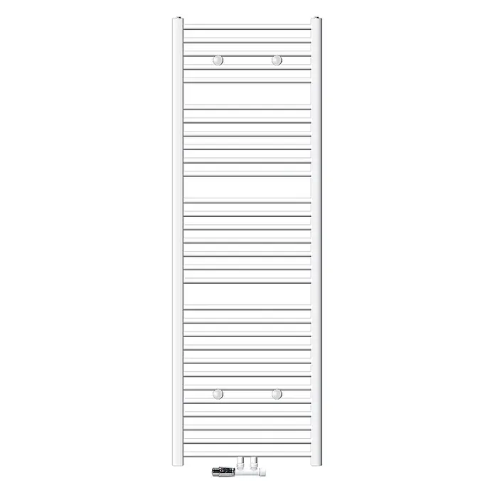 Badheizkörper 600x1800mm Weiß gerade Mittel mit Ventil Eckform -  - Weißer Handtuchwärmer im Leiterdesign mit horizontalen Stangen, vertikalen Seitenschienen und einem Bodenventil.