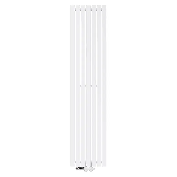 ECD Germany Badheizkörper Paneelheizkörper Handtuchwärmer mit Durchgangsform Thermostatventil - B x H: 37 x 160 mm, Weiß - Vertikaler weißer Flachheizkörper mit unteren Ventilanschlüssen.