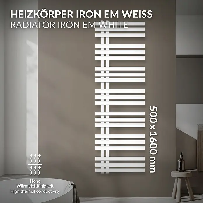 LuxeBath Badheizkörper Design Handtuchheizkörper Handtuchwärmer Mittelanschluss Radiator - B x H: 50 x 160 mm, Weiß - Weißer Heizkörper Iron EM (500x1600mm) an der Wand in einem modernen Bad, mit hoher Wärmeleitfähigkeit.