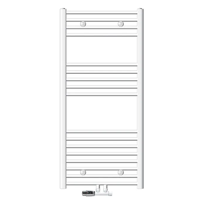 LuxeBath Badheizkörper Handtuchwärmer Mittelanschluss gerade mit Eckform Thermostatventil - B x H: 60 x 120 cm, Weiß - Weißer Handtuchheizkörper aus Metall mit horizontalen Stangen und integriertem unteren Ventil.