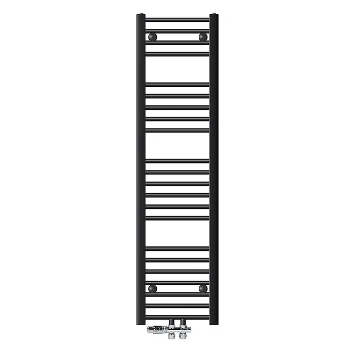 LuxeBath Badheizkörper Handtuchwärmer Mittelanschluss gerade mit Boden Thermostatventil - B x H: 30 x 140 mm, Anthrazit - Schwarzer Handtuchheizkörper in Leiterform mit mehreren Querstreben und Chromventilen unten.
