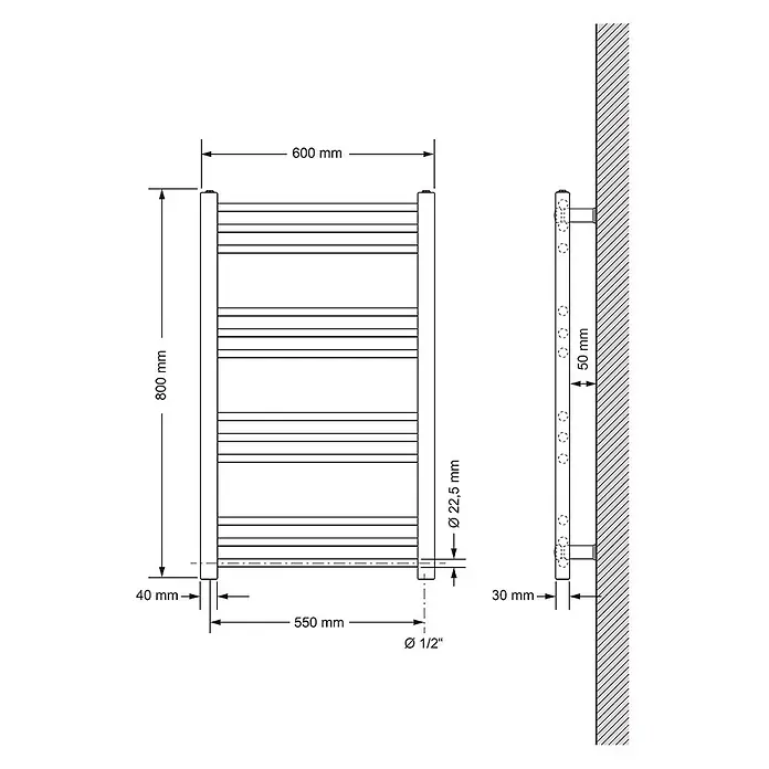 LuxeBath Elektro-Badheizkörper Handtuchwärmer mit Heizstab 600x800mm Weiß gerade 600W -  - Technisches Datenblatt eines Badheizkörpers, 800x600mm, mit Installationsmaßen.