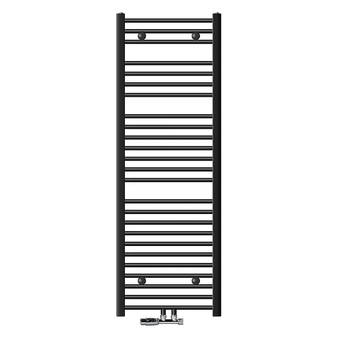 LuxeBath Badheizkörper Handtuchwärmer Mittelanschluss gerade mit Eckform Thermostatventil - B x H: 50 x 150 mm, Anthrazit - Schwarzer Handtuchheizkörper aus Metall mit horizontalen Stangen und unten angebrachten Ventilen.