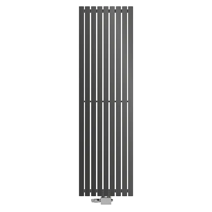 LuxeBath Badheizkörper Design Paneelheizkörper Handtuchwärmer mit Universal Thermostatventil - B x H: 48 x 160 mm, Anthrazit - Vertikaler dunkelgrauer Flachheizkörper mit einem Chromventil unten.
