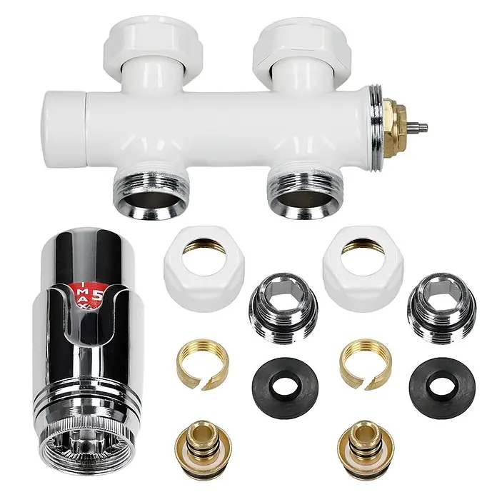 LuxeBath Badheizkörper Badheizkörper einlagig 480x1800 mm Weiß gerade 900 W - Weiß - Weißer Heizkreisverteiler mit Chrom-Thermostatkopf und verschiedenen Messing-, Chrom- und weißen Armaturen für Sanitäranschlüsse.