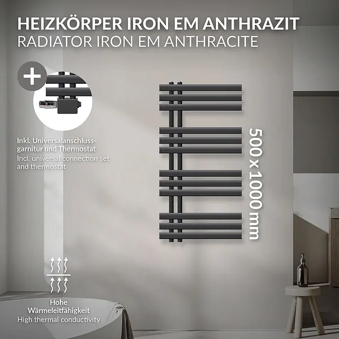 LuxeBath Badheizkörper Handtuchheizkörper Handtuchwärmer mit Universal Thermostatventil - B x H: 50 x 100 mm, Anthrazit - Anthrazit Heizkörper Iron EM (500x1000mm) mit Universalanschlussgarnitur, Thermostat und hoher Wärmeleitfähigkeit.