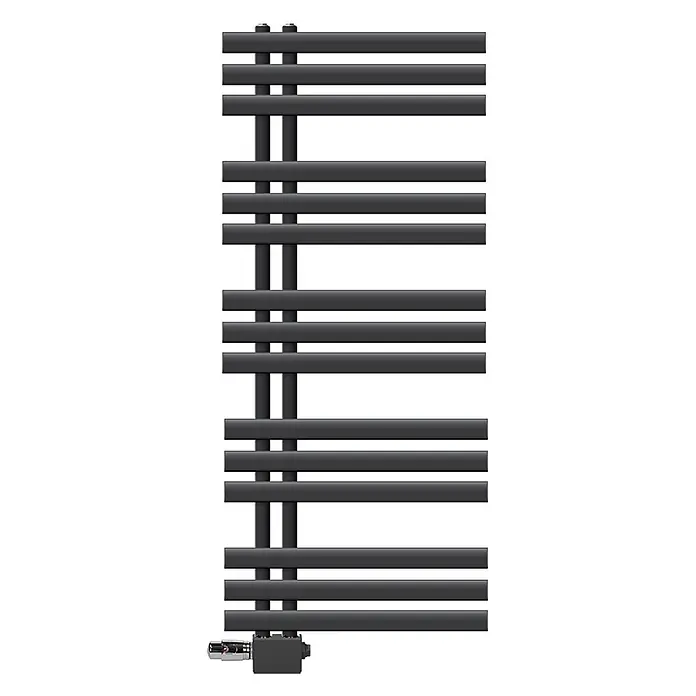 LuxeBath Badheizkörper Handtuchheizkörper Handtuchwärmer mit Universal Thermostatventil - B x H: 50 x 120 mm, Anthrazit - Anthrazitfarbener vertikaler Handtuchheizkörper mit flachen Horizontalstäben und Bodenventil.