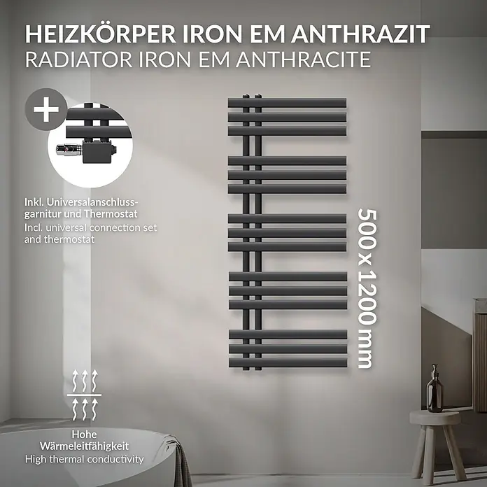 LuxeBath Badheizkörper Handtuchheizkörper Handtuchwärmer mit Universal Thermostatventil - B x H: 50 x 120 mm, Anthrazit - Anthrazitfarbener Heizkörper (500x1200mm) für das Bad, inkl. Universalanschlussgarnitur und Thermostat, mit hoher Wärmeleitfähigkeit.