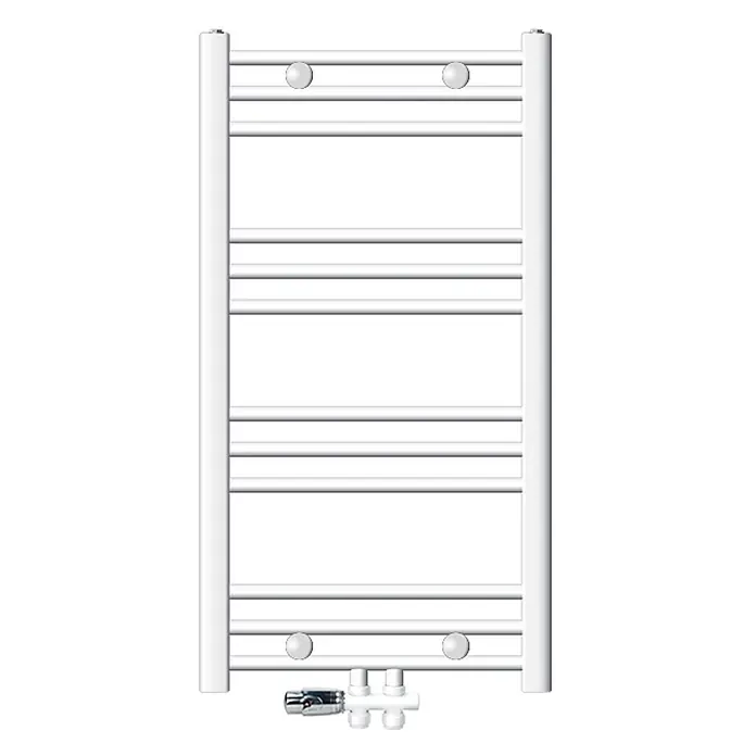 LuxeBath Badheizkörper Handtuchwärmer Mittelanschluss gerade mit Boden Thermostatventil - B x H: 50 x 80 mm, Weiß - Weißer Handtuchheizkörper mit horizontalen Stangen und Chromventil für Bad.